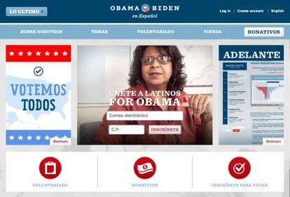 P&aacute;gina de la campa&ntilde;a de Obama dedicada exclusivamente a los votantes hispanos.