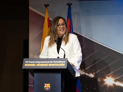 La vicepresidenta del FCB María Elena Fort, durante un acto del club en 2022.