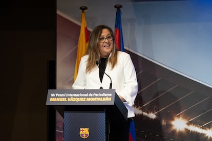 La vicepresidenta del FCB María Elena Fort, durante un acto del club en 2022.