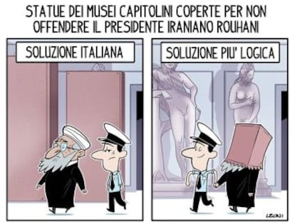 “Estátua dos Museus Capitolinos coberta para não ofender o presidente do Irã, Rohani. Solução italiana. Solução mais lógica”.