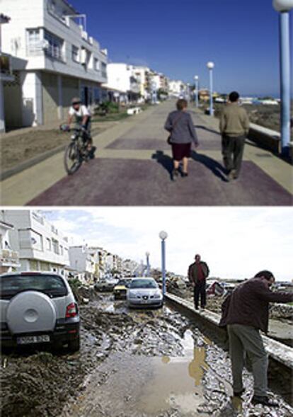 Arriba, estado actual del paseo marítimo de Rincón de la Victoria. Abajo, la misma zona tras las riadas.