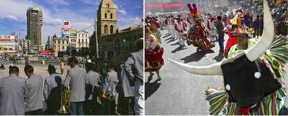 A la izquierda, la plaza de San Francisco.  A la derecha, danzantes durante la fiesta del Gran Poder en La Paz;