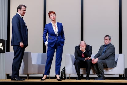 Luis Merlo, Marta Belenger, Jorge Bosch y Vicente Romero durante una representación de 'El método Gronholm', el pasado enero en Madrid.