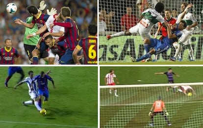 LOS ERRORES DE MUÑIZ. Arriba (izquierda), el gol anulado a Cala en el Camp Nou. A la derecha, el penalti de Carlos Sánchez sobre Pepe.Abajo (izquierda), la falta fuera del área de Víctor Sánchez sobre El Zhar. A la derecha, el gol de Rodri con la mano.