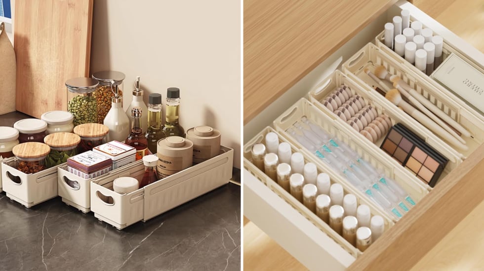 Organizador de estrechas dimensiones y expandible para la cocina.