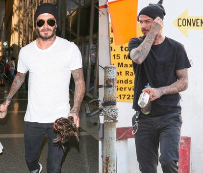 David Beckham en Los Ángeles en febrero y, a la derecha, en abril.