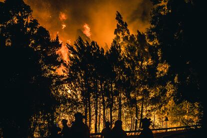 Operarios de las Brigadas de Refuerzo de Incendios Forestales (BRIF) luchan contra las llamas en la madrugada del sábado para extinguir el incendio declarado en el día anterior en la parroquia de Cures.