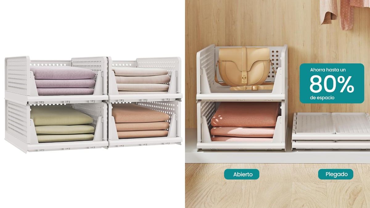 Juego de cuatro cestas apilables para textil.