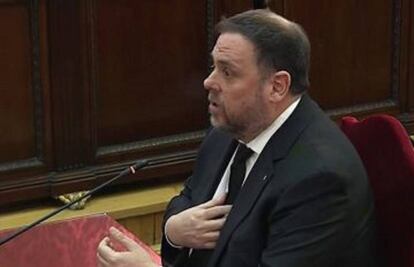 Oriol Junqueras durante una de las sesiones del juicio del 'procés'. 