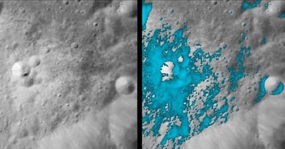 Un crater lunar visto identificado por la misión india Chandrayaan 1.