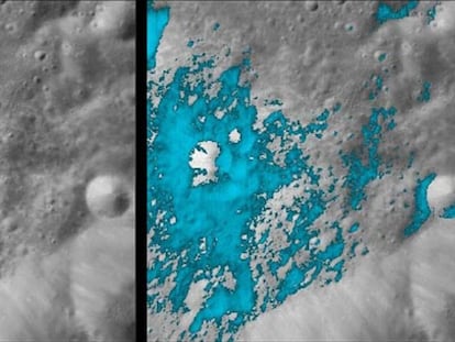Un crater lunar visto identificado por la misión india Chandrayaan 1.
