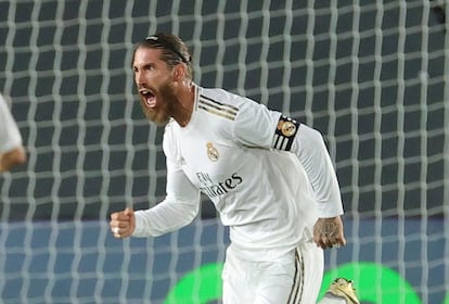 Sergio Ramos celebra el 2-0 ante el Mallorca.
