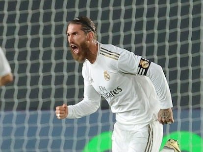 Sergio Ramos celebra el 2-0 ante el Mallorca.