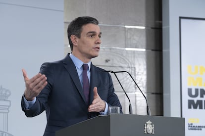 El presidente del Gobierno, Pedro Sánchez, en la comparecencia del sábado 4 de abril.