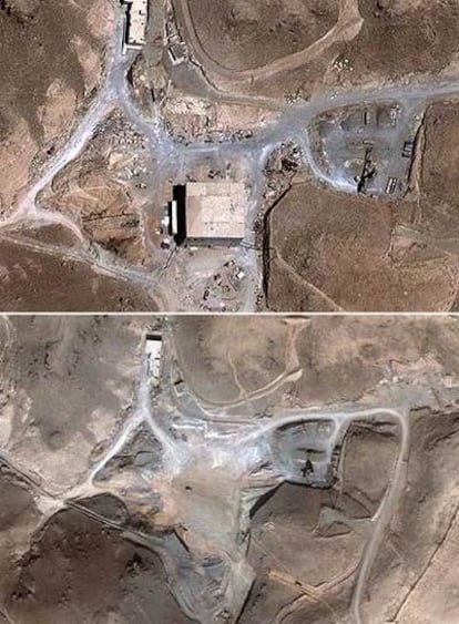 NOMBRE EN CLAVE,  AL KIBAR. Las dos imágenes de satélite  muestran las supuestas instalaciones nucleares sirias -bautizadas como Al Kibar-, antes y después del bombardeo de la aviación israelí del 6 de septiembre de 2007.