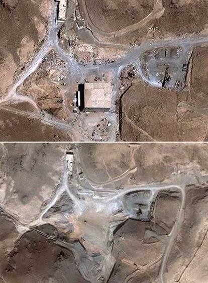 NOMBRE EN CLAVE, AL KIBAR. Las dos imágenes de satélite muestran las supuestas instalaciones nucleares sirias -bautizadas como Al Kibar-, antes y después del bombardeo de la aviación israelí del 6 de septiembre de 2007.