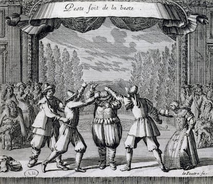 Escena de una obra de Moliere (1622-1673). Grabado por Jean Le Paultre (1618-1682). Francia, siglo XVII.