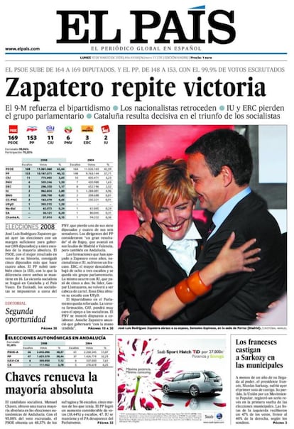 Portada del d&iacute;a despu&eacute;s de las elecciones generales de marzo de 2008. El PSOE vuelve a imponerse y logra la llave del Gobierno central para cuatro a&ntilde;os m&aacute;s.