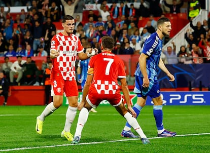 Miguel Gutiérrez celebra el primer gol del Girona ante el Slovan Bratislava este martes.