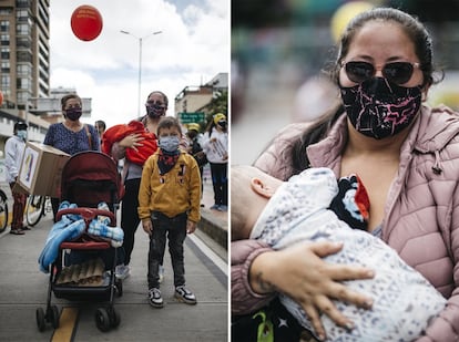 “Marcho para acompañar a los estudiantes, por un futuro con mejor salud y educación para mis hijos”, dice Jessica Preciado, de 27 años, empleada de limpieza en un colegio. Lleva en sus brazos a Samuel, de ocho meses y acomoda una pañoleta en la cara de Nicolás, su niño de nueve. A su lado, su madre, Ana Preciado y en el carrito del bebé una docena de huevos que les acaban de regalar. En algunos puntos de las marchas les dan comida a los manifestantes. Es la primera vez que ella sale en un mes de manifestaciones pero dice que quería hacerlo antes. “Marcho también por mejores oportunidades para mí”. Es difícil: “O no dan trabajo porque uno no tiene estudio, porque no tiene experiencia o porque está muy joven. Entonces, ¿qué le toca hacer a uno? Salir a las calles a vender a hacer lo que sea”. ¿Miedo por la violencia en las marchas? “No. Las redes sociales están muy censuradas, las noticias no cuentan las cosas como son”, dice Preciado.