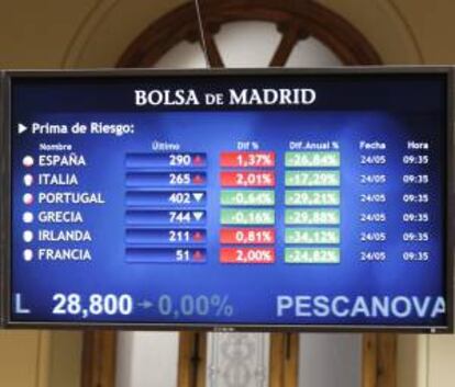 Panel con los datos de la prima de riesgo el pasado viernes en la Bolsa de Madrid.