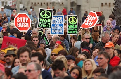 An anti-war demonstration on Santa Monica Beach, California, February 15, 2003.