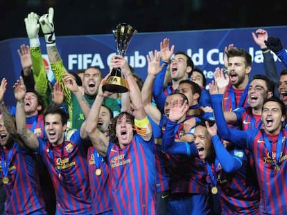 Els jugadors del Barça celebren la victòria al Mundial de Clubs el 2011.