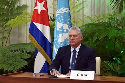 Miguel Díaz-Canel habla en la Asamblea General de la ONU, desde La Habana, el 22 de septiembre.