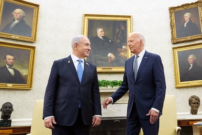 El presidente de EE UU, Joe Biden, y el primer ministro israelí, Benjamín Netanyahu, este jueves en la Casa Blanca.