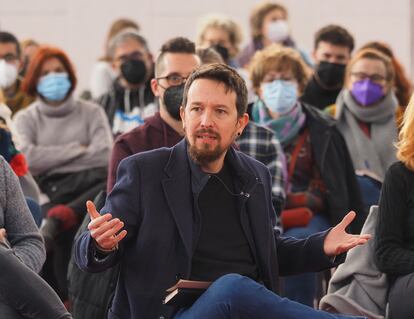 Pablo Iglesias interviene en un coloquio junto a los candidatos de Unidas Podemos por Valladolid, el pasado 22 de enero, en Valladolid.