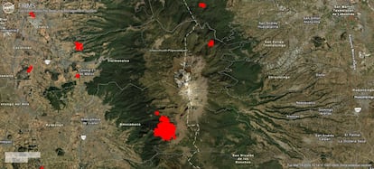 Mapa satelital de la NASA que muestra en rojo las zonas con incendios en el Parque Nacional Iztaccíhuatl - Popocatépetl, al 19 de marzo.