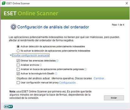 Tendrás que instalar antes un pequeño complemento para ejecutar el análisis, pero el antivirus online de ESET nos ofrece todo tipo de ajustes como la detección de apps potencialmente no deseadas, la eliminación de amenazas de malware y otras funciones interesantes para la seguridad de tu PC.