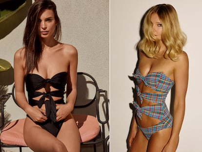 A la izquierda bañador comercializado por la marca de bañadores de la modelo Emily Ratajkowski, a la derecha el modelo original de Lisa Marie Fernández.