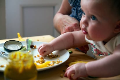 Um bebê come seguindo o método Baby Led Weaning (BLW).