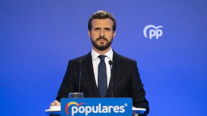 El presidente del PP, Pablo Casado, en una rueda de prensa en Génova.
DAVID MUDARRA
12/03/2020