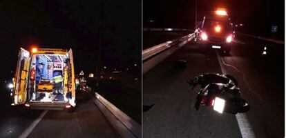 La moto tumbada tras el accidente.