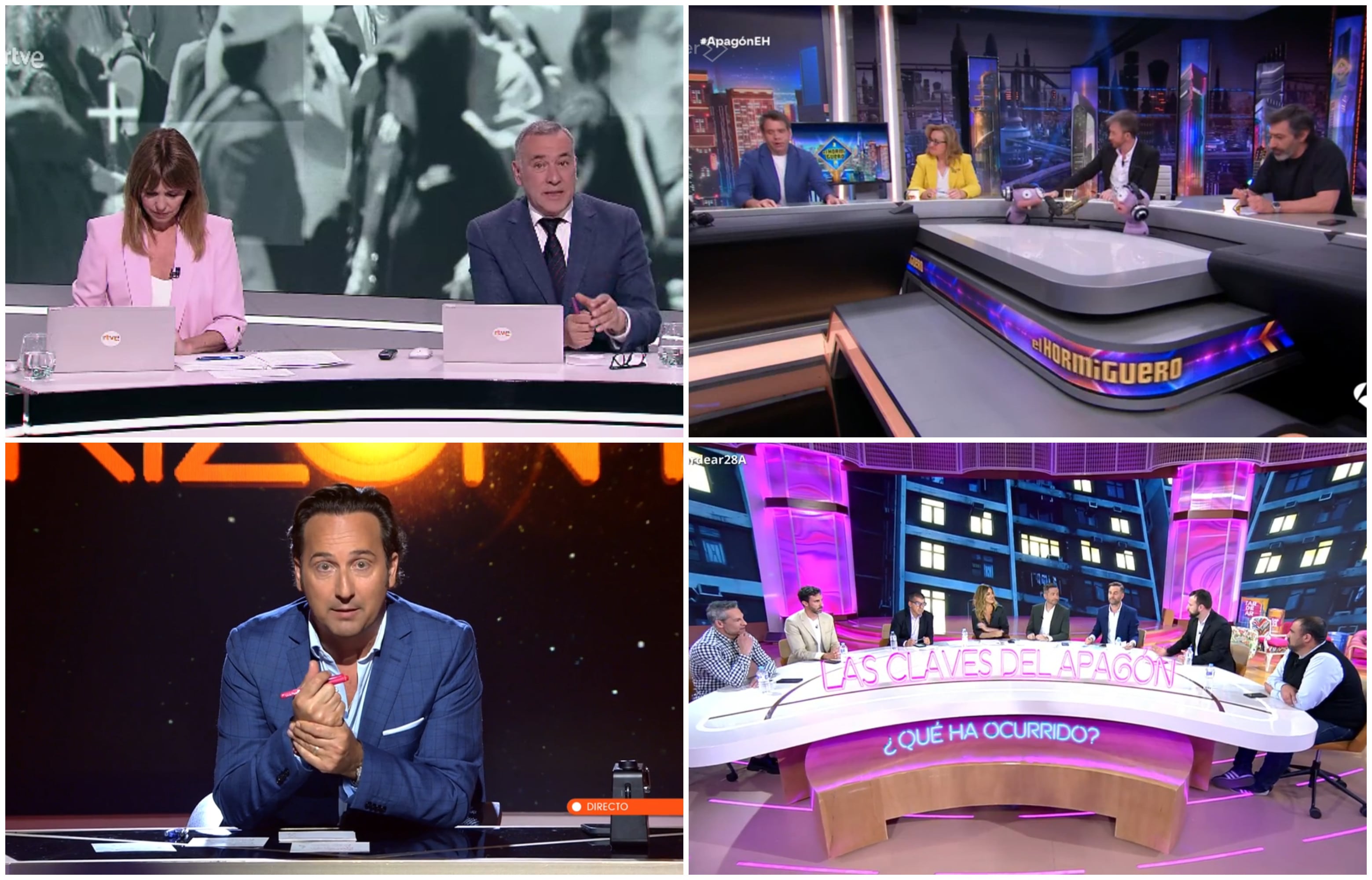 El especial informativo de la noche de TVE sobre el apagón, 'El hormiguero', Iker Jiménez en 'Horizonte' y un momento de 'Tardear', durante sus emisiones de este lunes.