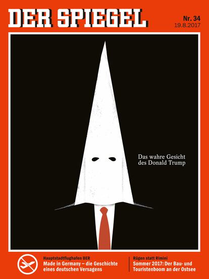 La censura le ha llegado de los lugares más insospechados, como en una exposición son sus ilustraciones en la que esta portada de 'Der Spiegel' ("Esta es la historia de Donald Trump") acabó pácticamente esconcida para no herir sensibilidades raciales. |