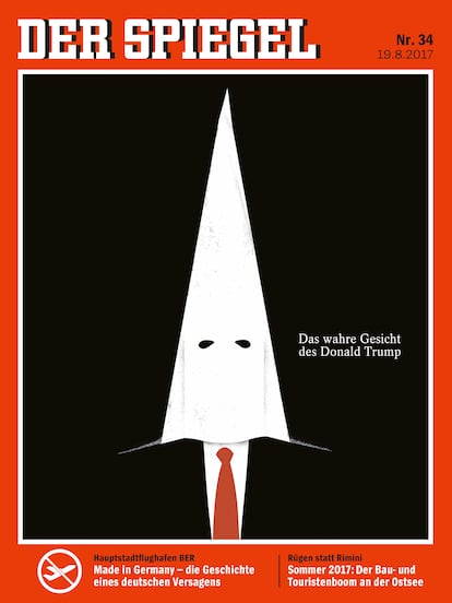 La censura le ha llegado de los lugares más insospechados, como en una exposición son sus ilustraciones en la que esta portada de 'Der Spiegel' ("Esta es la historia de Donald Trump") acabó pácticamente esconcida para no herir sensibilidades raciales. |