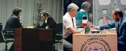 A la izquierda, Borís Spassky y Bobby Fischer durante su duelo en Islandia en 1972 por el título mundial. A la derecha, ambos en el de Yugoslavia, la revancha, en 1992. 
/ ap