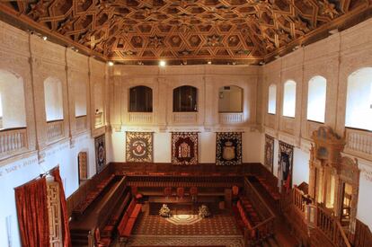 The University of Alcalá is a World Heritage Site along with the city’s historical center, which contains the archbishop’s palace, the Corral de las Comedias playhouse, the cathedral of Santos Niños Justo y Pastor, and the main street, Calle Mayor, which was built around the 12th century and features a characteristic colonnade. Pictured: the inside of the university rectorate, where the Cervantes Prize for literature is awarded each year.