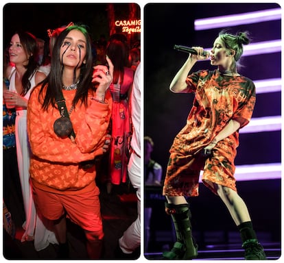 La actriz Nina Dobrev (derecha) caracteriza como la cantante Billie Eilish, el 31 de octubre de 2019.