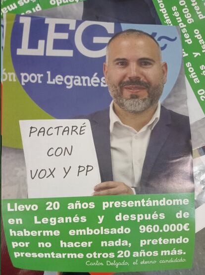 Cartel denunciado por Unión por Leganés en el que se ve a su candidato, Carlos Delgado.