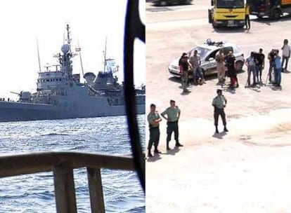 A la izquierda, la corbeta <i>Infanta Elena</i> sigue al barco <i>Ocean Alert</i> poco antes de su apresamiento, el 12 de julio. A la izquierda, la Guardia Civil espera la llegada del buque al puerto de Algeciras.