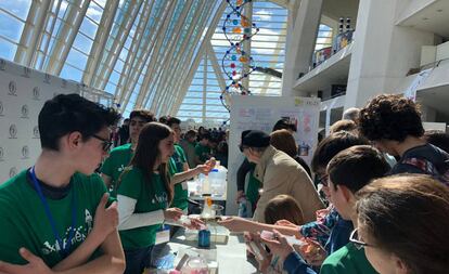 Alumnos de Secundaria, en la feria Experimenta celebrada este domingo en el Museo de las Ciencias de Valencia. 