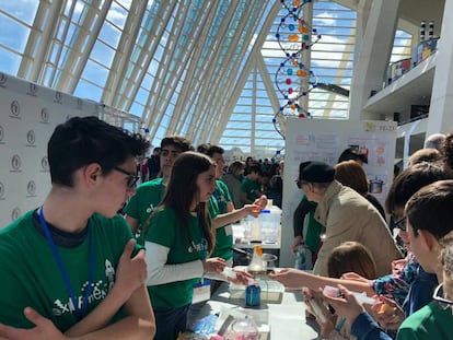 Alumnos de Secundaria, en la feria Experimenta celebrada este domingo en el Museo de las Ciencias de Valencia. 