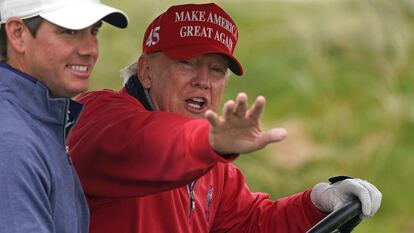 Former US president Donald Trump plays golf at Trump International Golf Links & Hotel in Doonbeg, Ireland, Thursday, May 4, 2023, during his visit to Ireland.