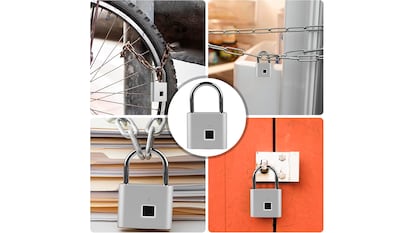 Candado con huella táctil sobre fondo blanco.