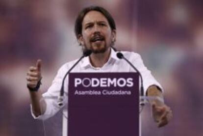 Pablo Iglesias en la asamblea de Podemos, el s&aacute;bado, en la plaza de toros de Vistaalegre, en Madrid.