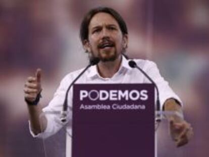 Pablo Iglesias en la asamblea de Podemos, el s&aacute;bado, en la plaza de toros de Vistaalegre, en Madrid.